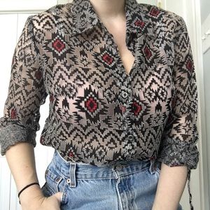Vintage tribal print sheer button down blouse